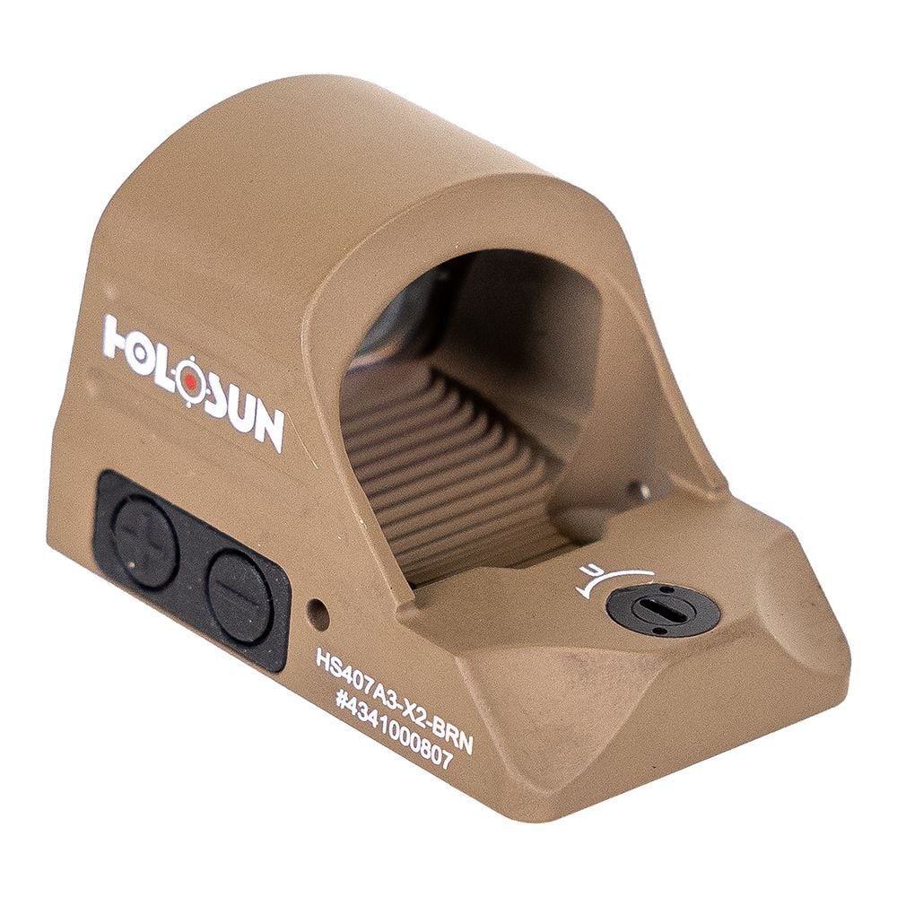 Holosun FDE 407A3, 3MOA, Red Dot, Side Battery, Shake Awake - HS407A3-X2-BRN