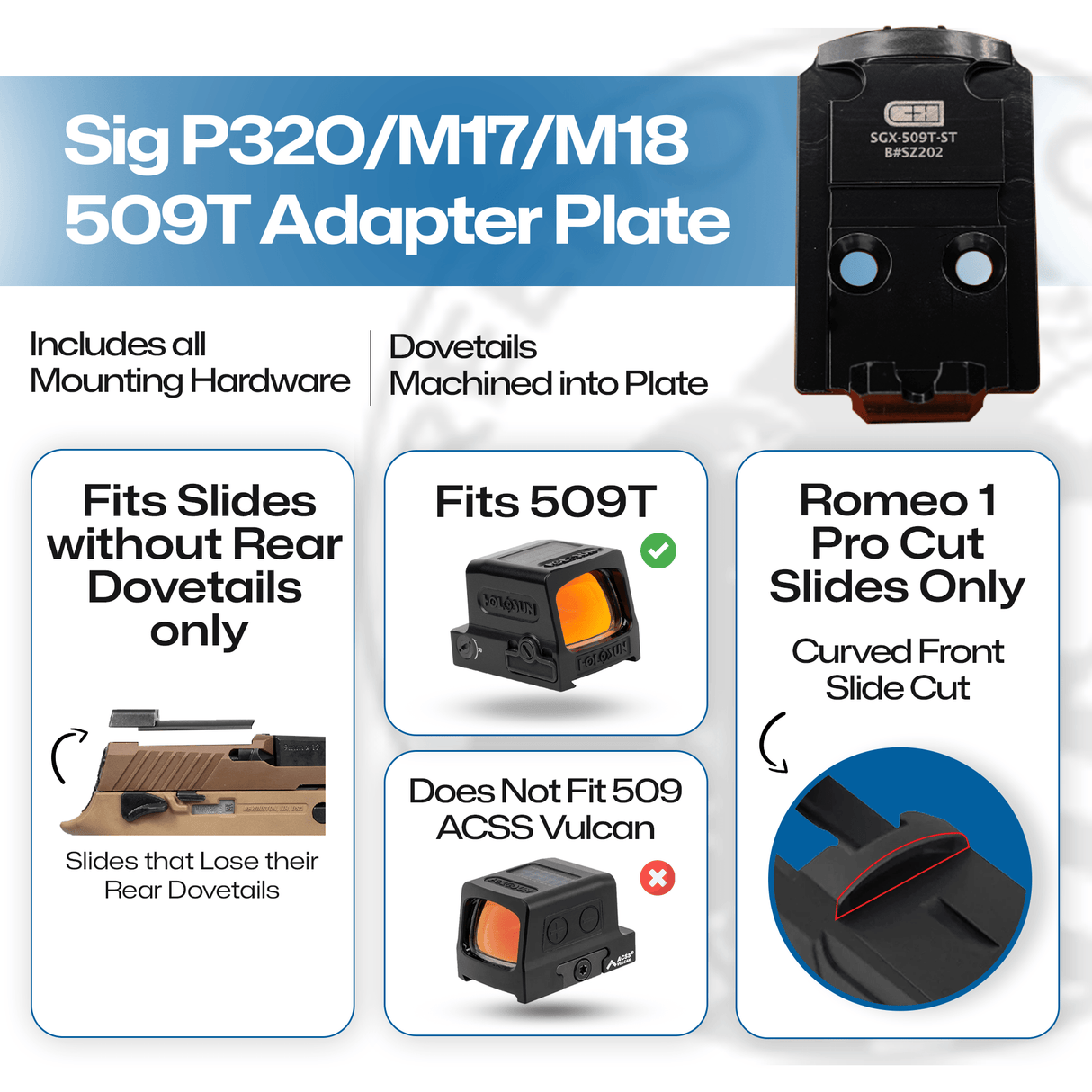 Sig P320 Romeo 1 Pro Slide and without Rear Dovetail Sights Attached to Holosun 509T Adapter Plate for - CHPWS - SGX-509T