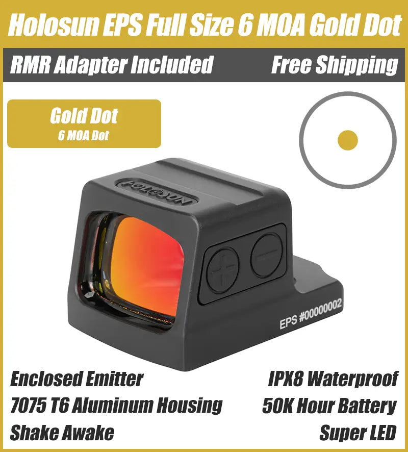 Holosun EPS Full Size 6 MOA Gold Dot, Closed Emitter Sight, K Series Footprint (Modified RMSc), RMR Adapter Plate Included - EPS-GD-6
