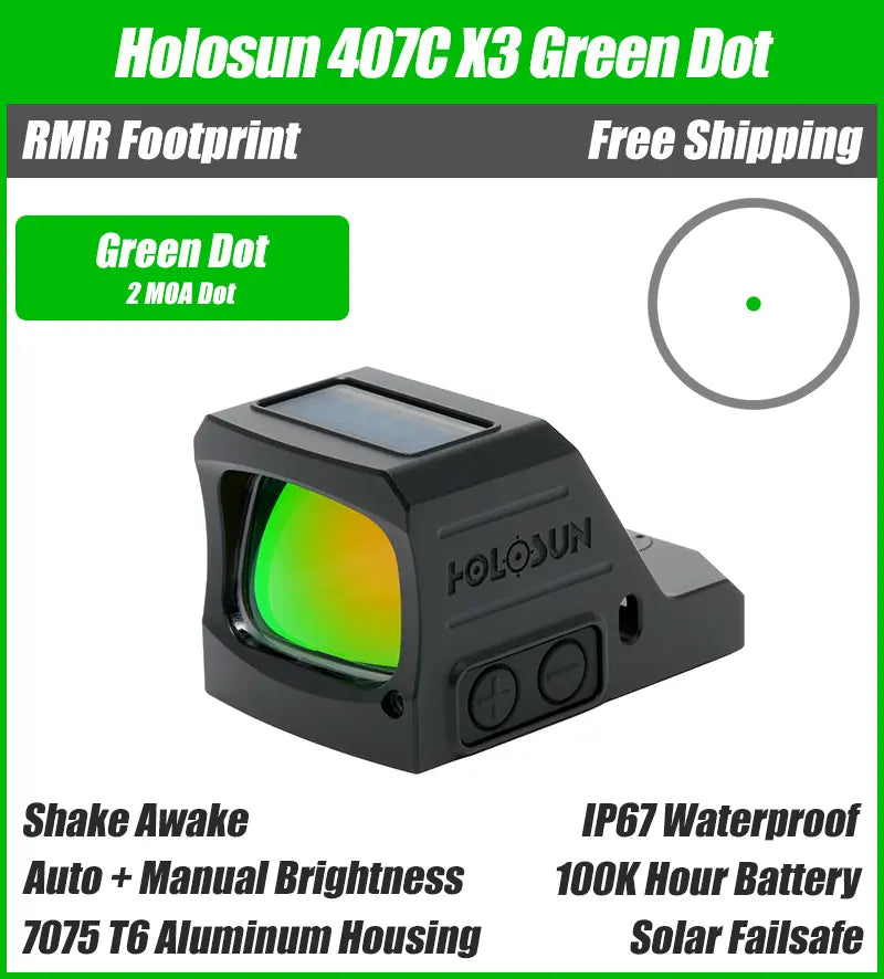 Holosun 407C X3, 2 MOA Green Dot, RMR Footprint, Side Battery, Solar Failsafe - 407C-X3-GR