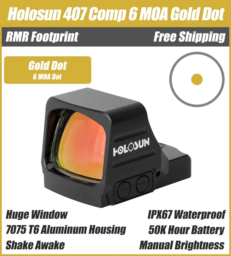 Holosun 407 COMP Gold, Huge Competition Window, RMR Footprint, 6 MOA Red Dot, Side Battery - HE407COMP-GD6