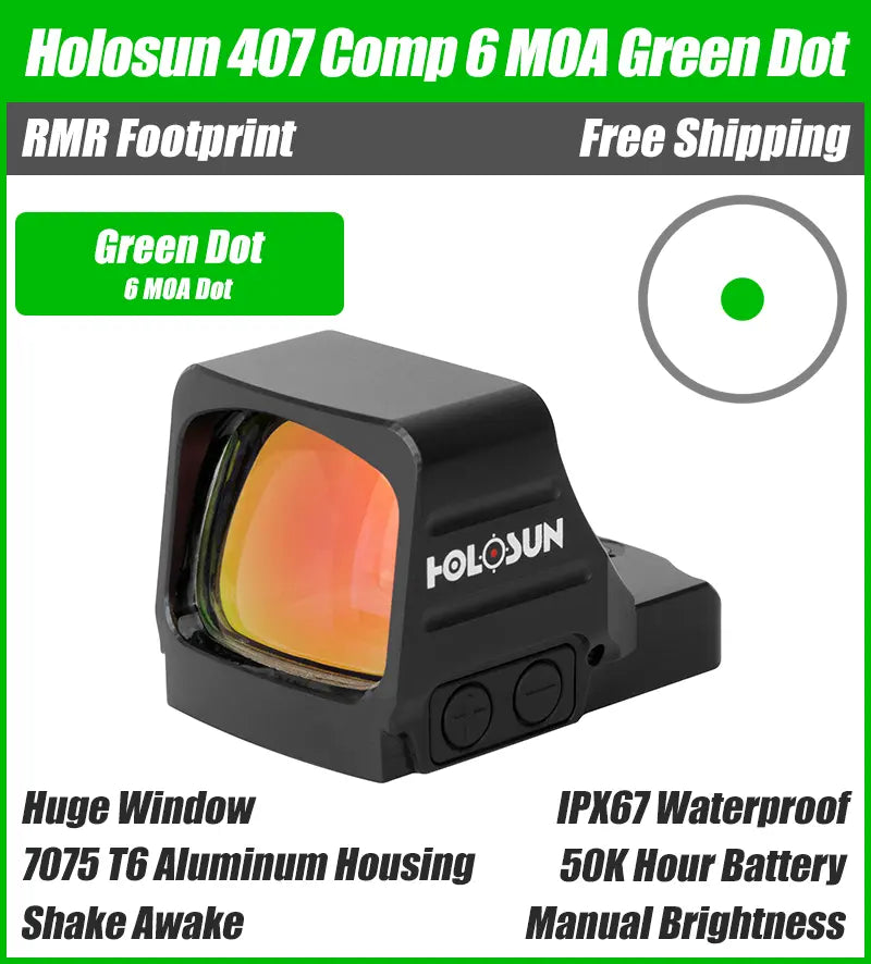 Holosun 407 COMP Green, Huge Competition Window, RMR Footprint, 6 MOA Red Dot, Side Battery - HE407COMP-GR6