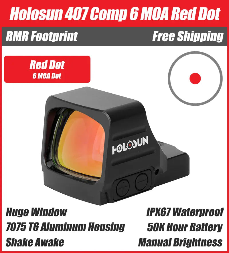 Holosun 407 COMP Red, Huge Competition Window, RMR Footprint, 6 MOA Red Dot, Side Battery - HS407COMP-RD6