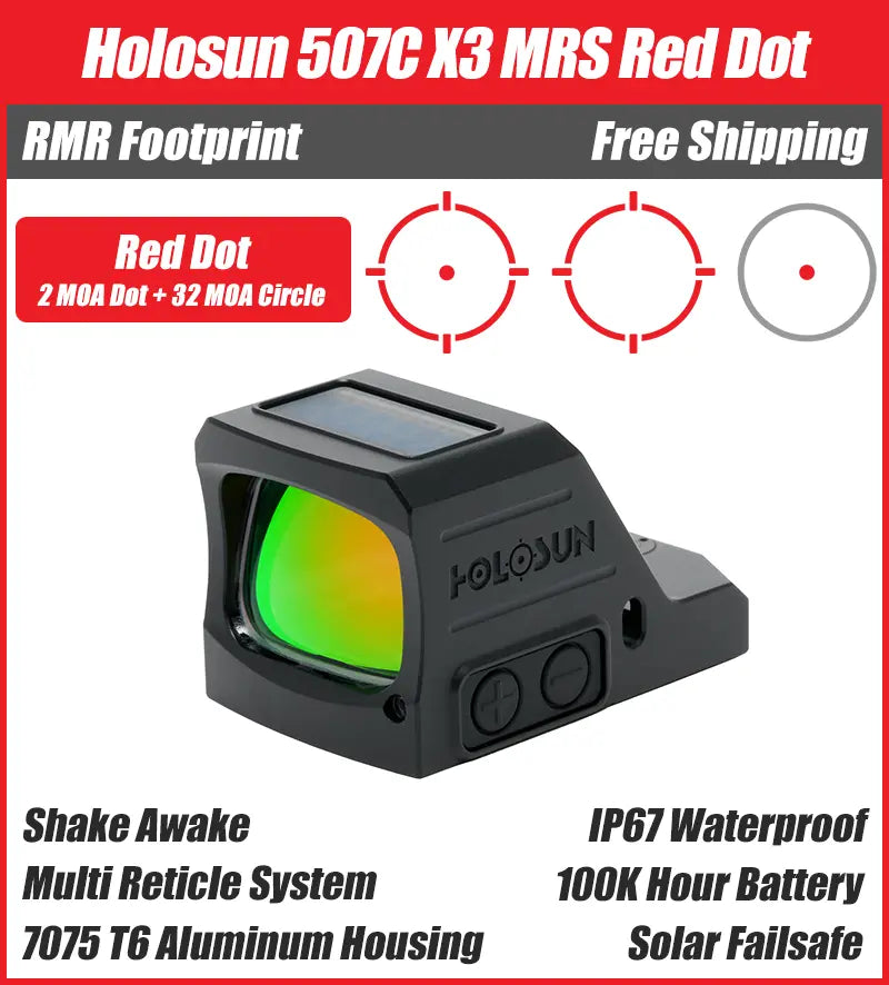 Holosun 507C X3, 32 MOA Ring & 2 MOA Red Dot, RMR Footprint, MRS Reticle, Side Battery, Solar Failsafe - 507C-X3-RD-MRS