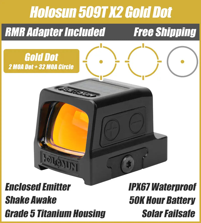 Holosun 509T X2, Gold Dot, MRS Reticle, Closed Emitter, Titanium, Solar Failsafe, RMR Footprint - HE509T-GD-X2