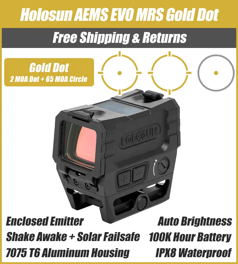 Holosun AEMS-EVO Enclosed Gold Dot Sight, Large Window, MRS Reticle, 7075 Aluminum - AEMS-EVO-GD