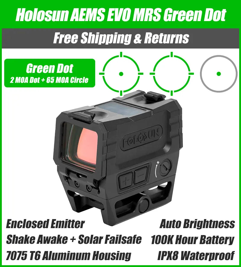 Holosun AEMS-EVO Enclosed Green Dot Sight, Large Window, MRS Reticle, 7075 Aluminum - AEMS-EVO-GR