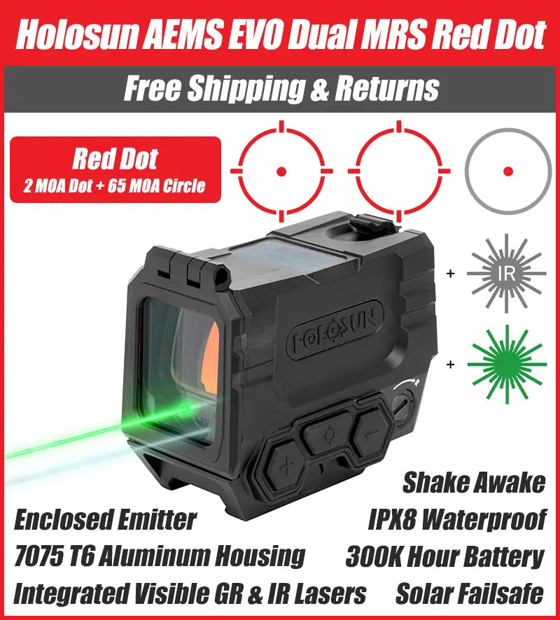 Holosun AEMS EVO Dual Red Dot with Green & IR Laser, MRS Reticle, Solar Failsafe, Shake Awake, NV Compatible – AEMS-EVO-DUAL