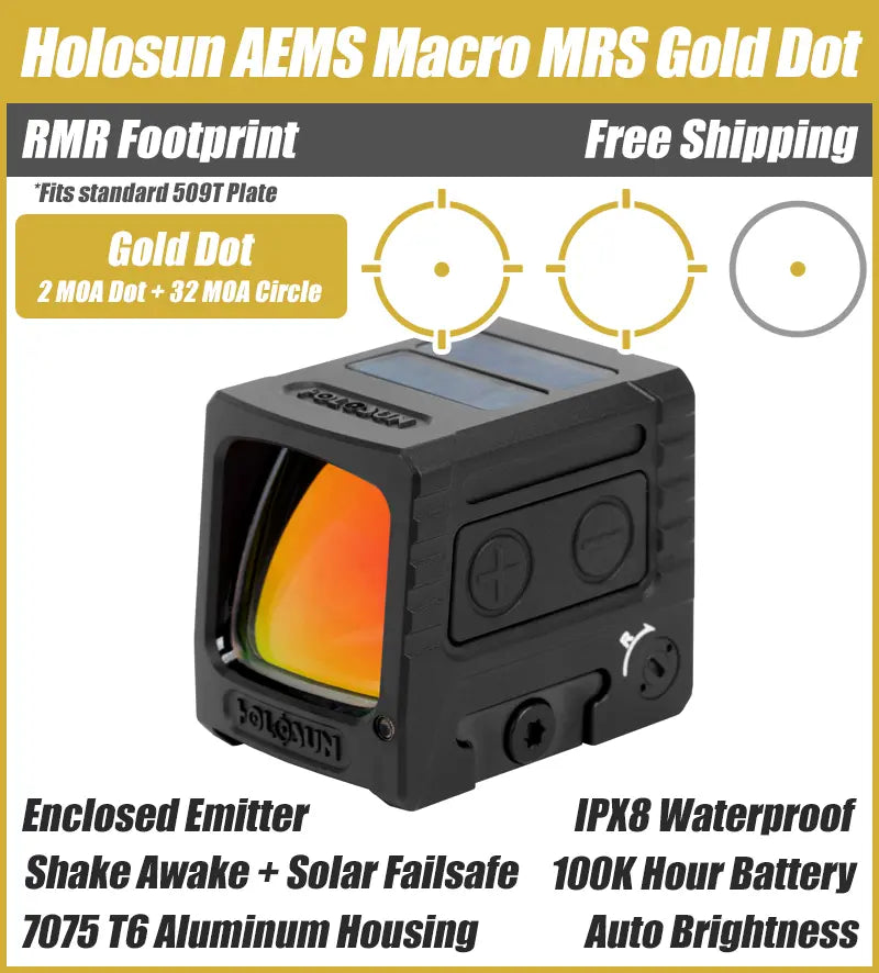 Holosun AEMS-MACRO, Enclosed Pistol Gold Dot Sight, RMR/509T Footprint, Solar Failsafe - AEMS-MACRO-GD