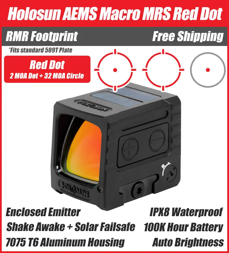 Holosun AEMS-MACRO, Enclosed Pistol Red Dot Sight, RMR/509T Footprint, Solar Failsafe - AEMS-MACRO-RD