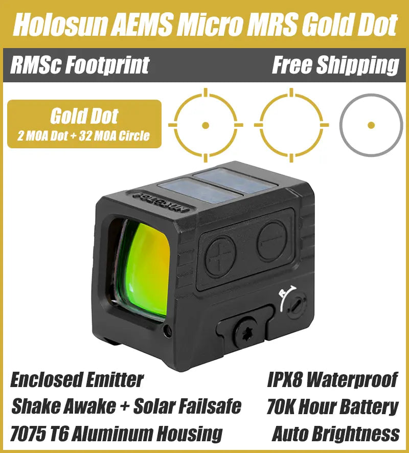 Holosun AEMS-MICRO, Enclosed Pistol Gold Dot Sight, RMSc Footprint, Solar Failsafe - AEMS-MICRO-GD