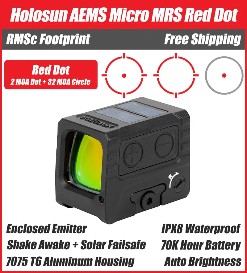 Holosun AEMS-MICRO, Enclosed Pistol Red Dot Sight, RMSc Footprint, Solar Failsafe - AEMS-MICRO-RD