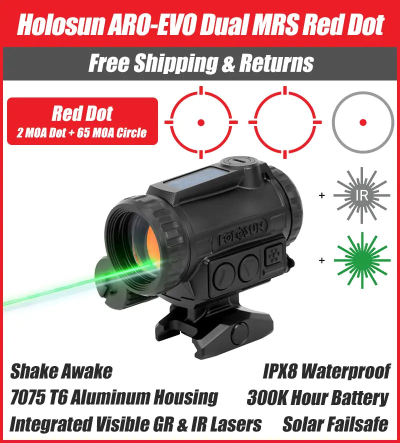 Holosun ARO-EVO-DUAL Red Reticle, Green Visible Laser And IR Laser, MRS Reticle, 26mm Housing, Shake Awake - ARO-EVO-DUAL