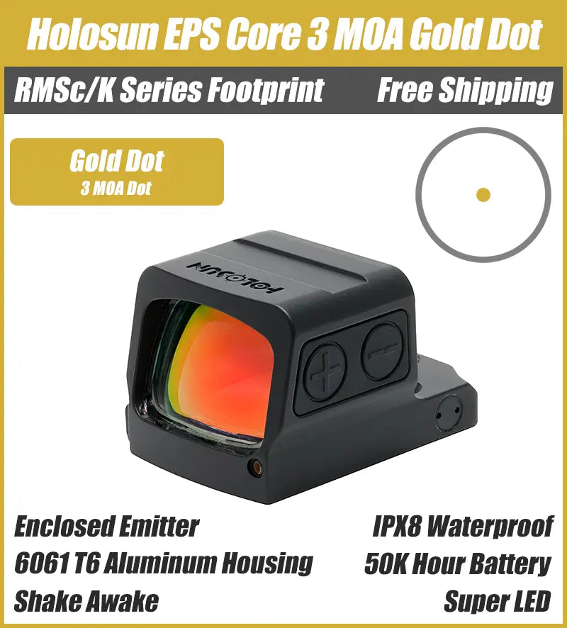 Holosun EPS Core Gold Dot, 3 MOA Dot, K Series Footprint (Modified RMSc), Solar Failsafe - EPS-CORE-GD3