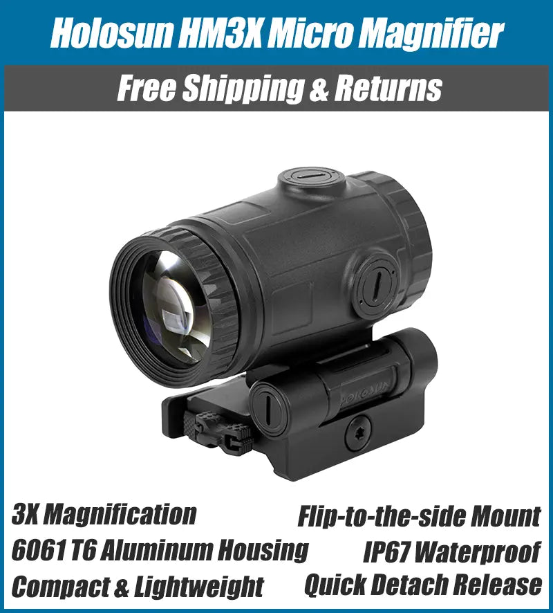 Holosun Compact Magnifier, 3X Power, QD Mount, 1/3 Riser, Switch To Side, Aluminum Housing - HM3X-MICRO