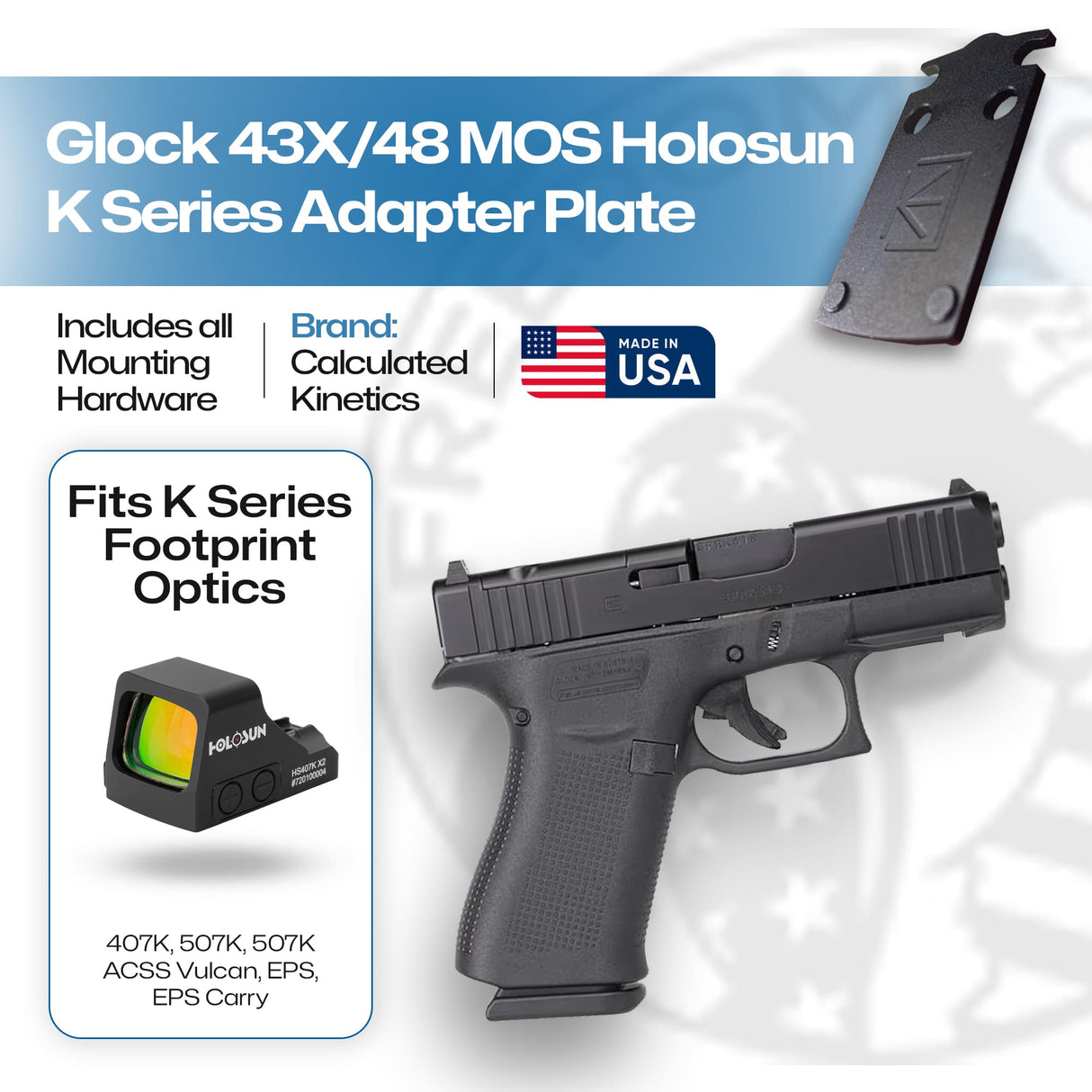 Glock 43X/48 MOS Holosun 407K/507K/EPS Carry Adapter Plate - Aluminum - Calculated Kinetics