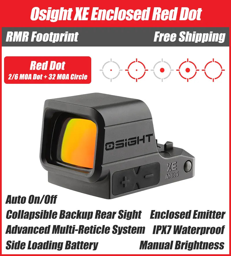 Osight XE Enclosed Red Dot Sight, RMR Footprint, 2/6+32 MOA Multi-Reticle System, Battery Operated
