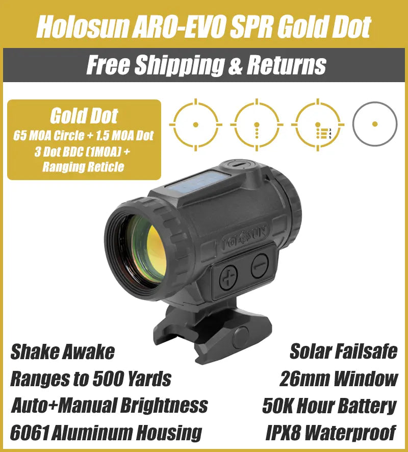 Holosun ARO-EVO Gold SPR Reticle, BDC (Drop Compensation Reticle), 26mm Housing, Shake Awake, 1/3 Co-Witness - ARO-EVO-SPR-GD
