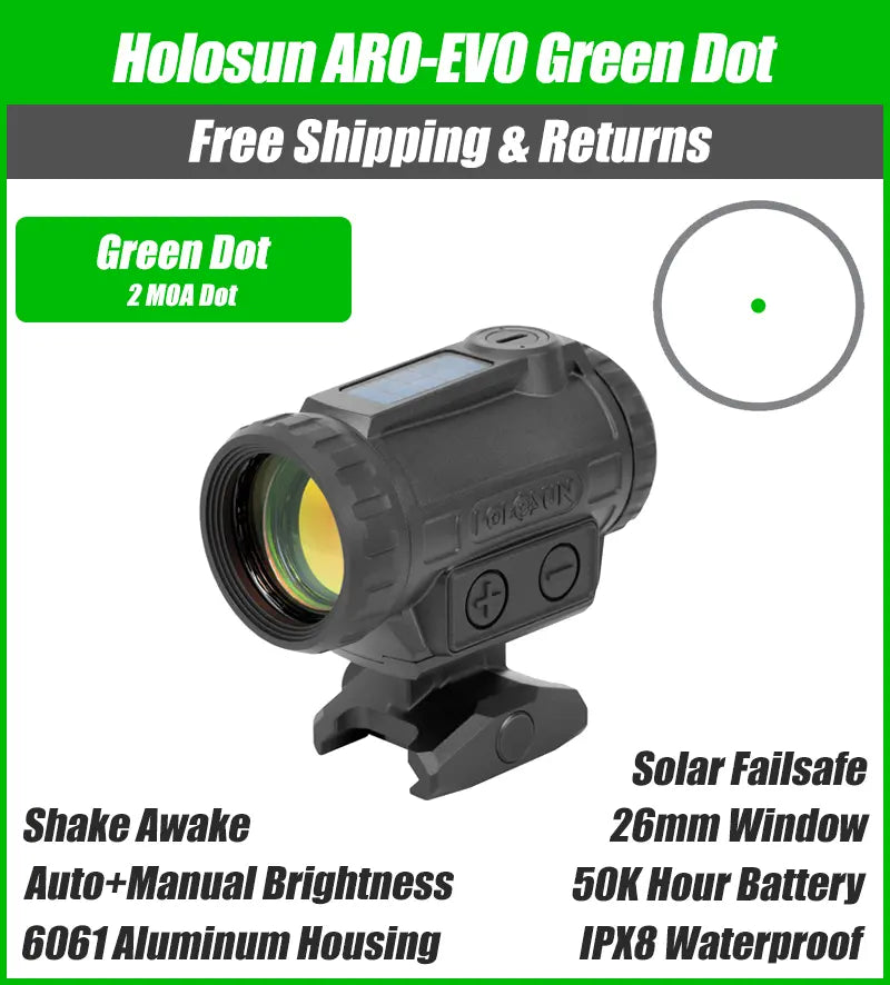 Holosun ARO-EVO Green 2MOA Dot Only Reticle, 26mm Housing, Shake Awake, 1/3 Co-Witness - ARO-EVO-GR2