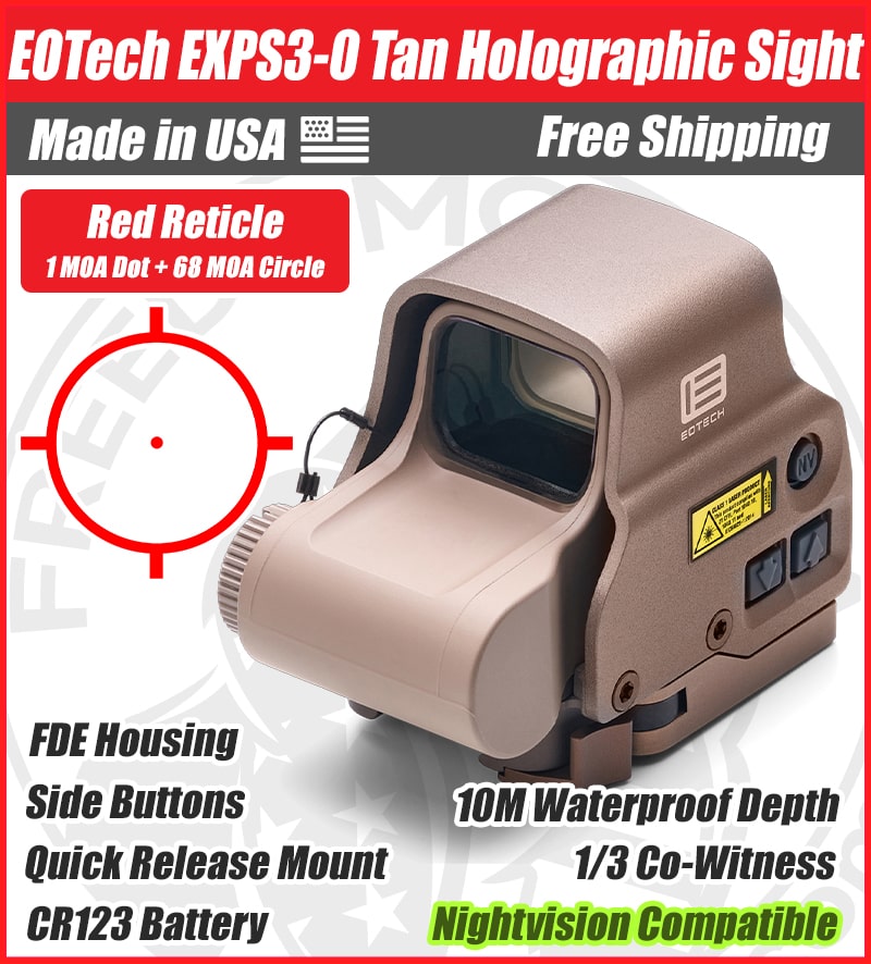 EOTech EXPS3-0 Tan/FDE Housing Holographic Red Dot Sight, 1 MOA Dot, 68 MOA Outer Ring, Quick Release Mount, NV Compatible - EXPS3-0TAN