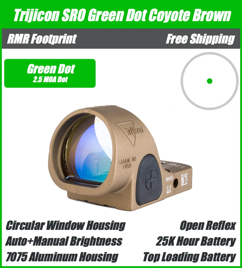 Trijicon SRO Green Dot Sight Coyote Brown - Round Window - 2.5 MOA Dot - 7075 T6 Aluminum - RMR Footprint