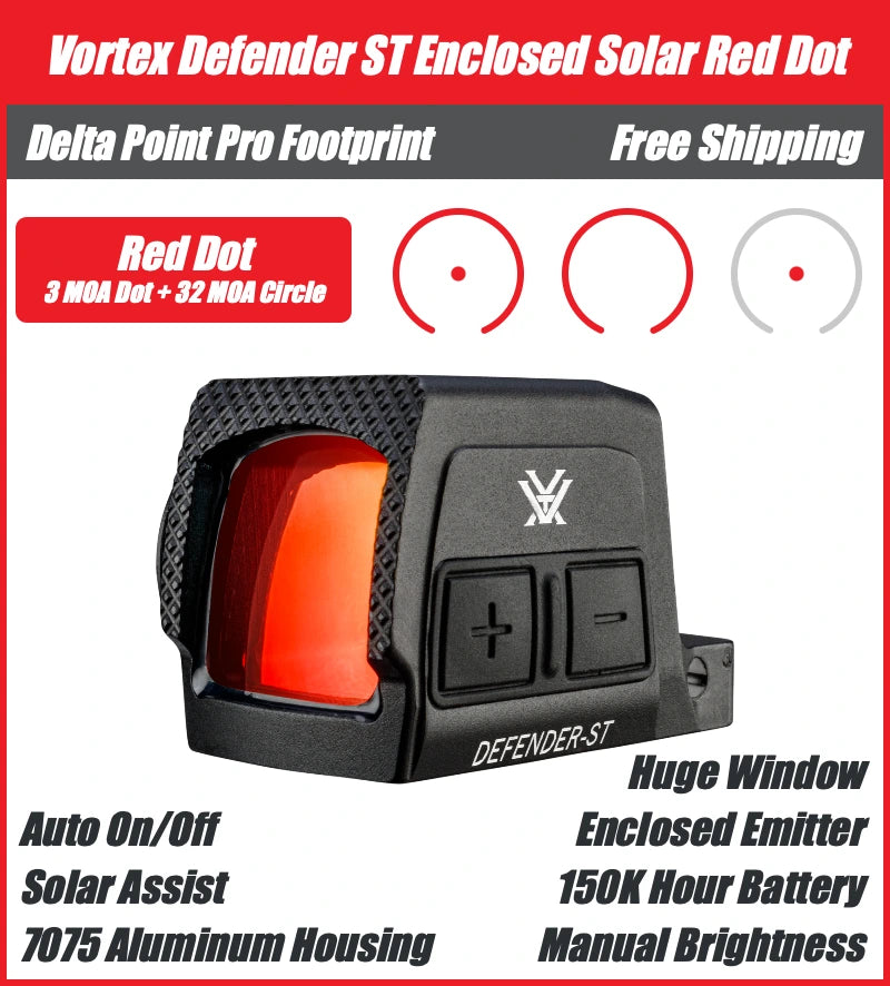 Vortex Defender ST Enclosed Solar Red Dot, DPP Footprint, 32 MOA Circle + 3 MOA Dot Reticle, DFST-MRD3-E