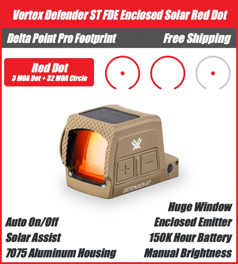 Vortex Defender ST FDE Enclosed Solar Red Dot, DPP Footprint, 32 MOA Circle + 3 MOA Dot Reticle, DFST-MRD3-E-T