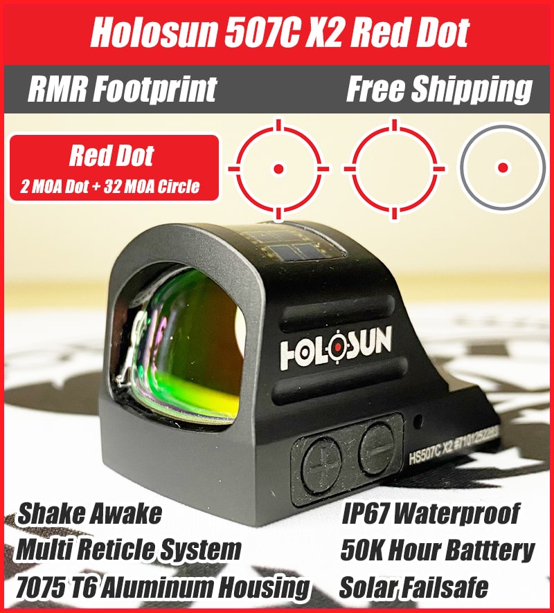 Holosun 507C X2, 32 MOA Ring & 2 MOA Red Dot, RMR Footprint, MRS Reticle, Side Battery, Solar Failsafe - HS507CX2