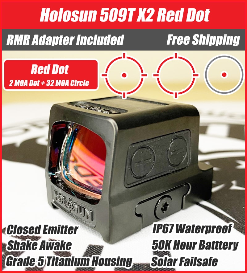 Holosun 509T X2, Red Dot, MRS Reticle, Closed Emitter, Titanium, Solar Failsafe, RMR Footprint - HE509T-RD-X2
