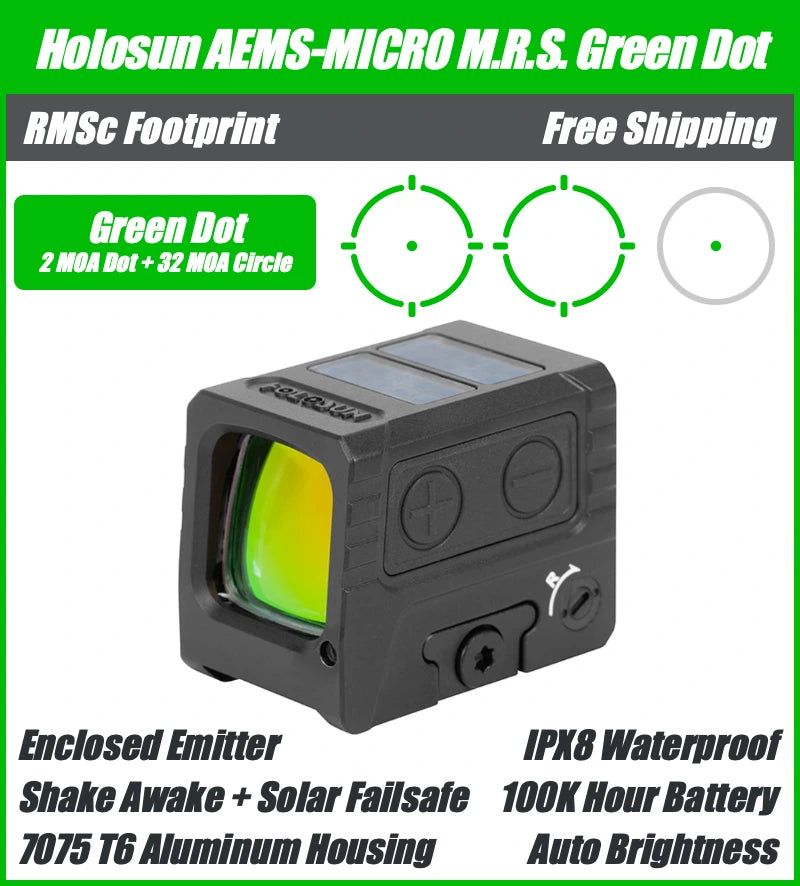 Holosun AEMS-MICRO, Enclosed Pistol Green Dot Sight, RMSc Footprint, Solar Failsafe - AEMS-MICRO-GR