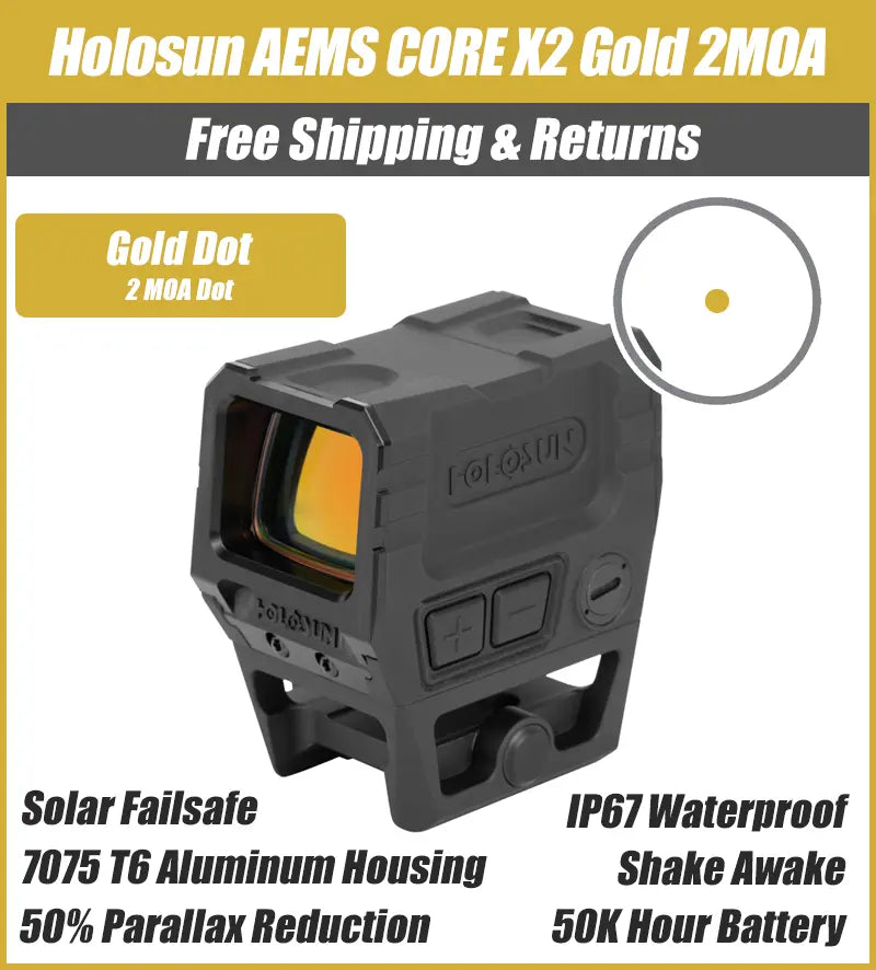Holosun AEMS CORE X2 Gold 2MOA Dot Reticle, Shake Awake, Anti-Reflective Device, 1/3 Co-Witness - AEMS-CORE-X2-GD