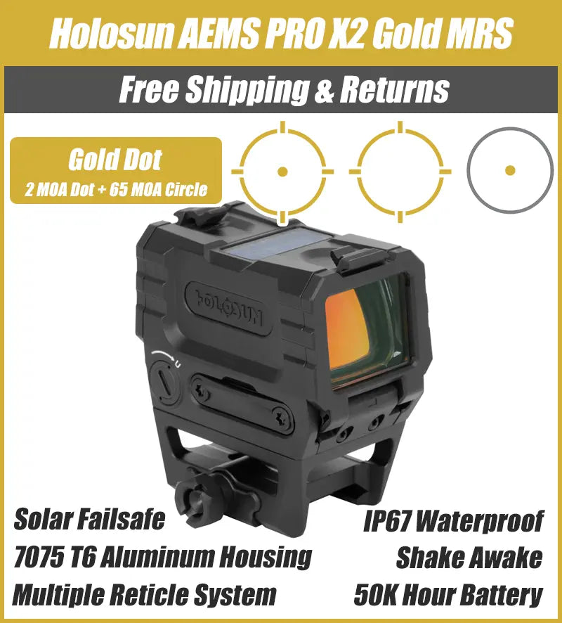 Holosun AEMS PRO X2 Gold MRS Reticle, 65MOA Circle 2MOA Dot, Shake Awake, Anti-Reflective Device, 1/3 Co-Witness - AEMS-PRO-X2-GD
