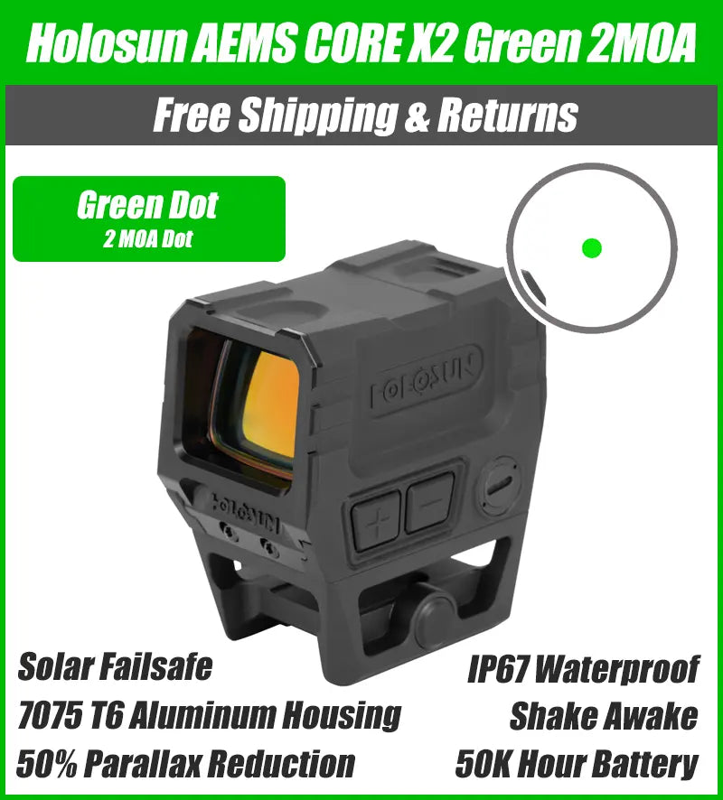 Holosun AEMS CORE X2 Green 2MOA Dot Reticle, Shake Awake, Anti-Reflective Device, 1/3 Co-Witness - AEMS-CORE-X2-GR