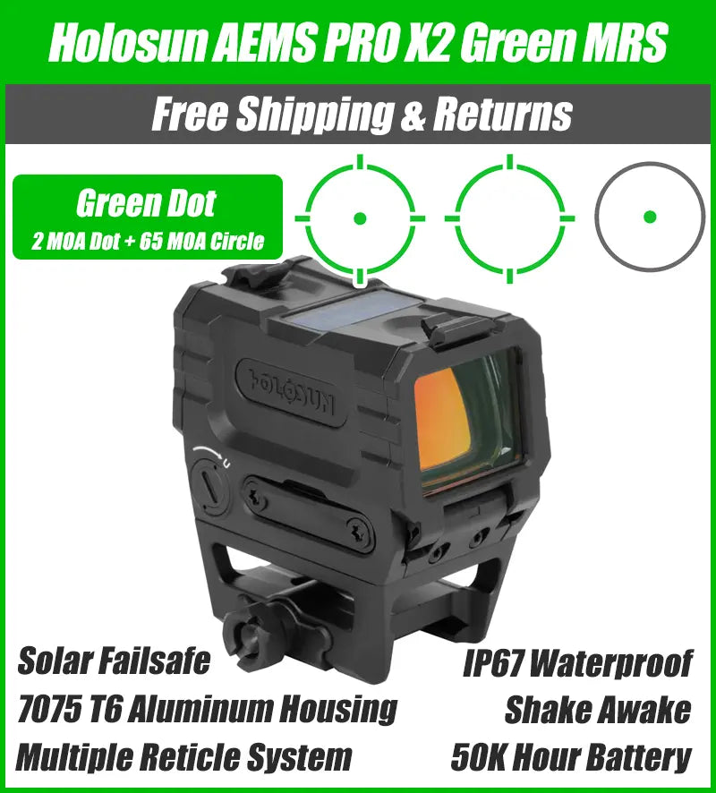 Holosun AEMS PRO X2 Green MRS Reticle, 65MOA Circle 2MOA Dot, Shake Awake, Anti-Reflective Device, 1/3 Co-Witness - AEMS-PRO-X2-GR
