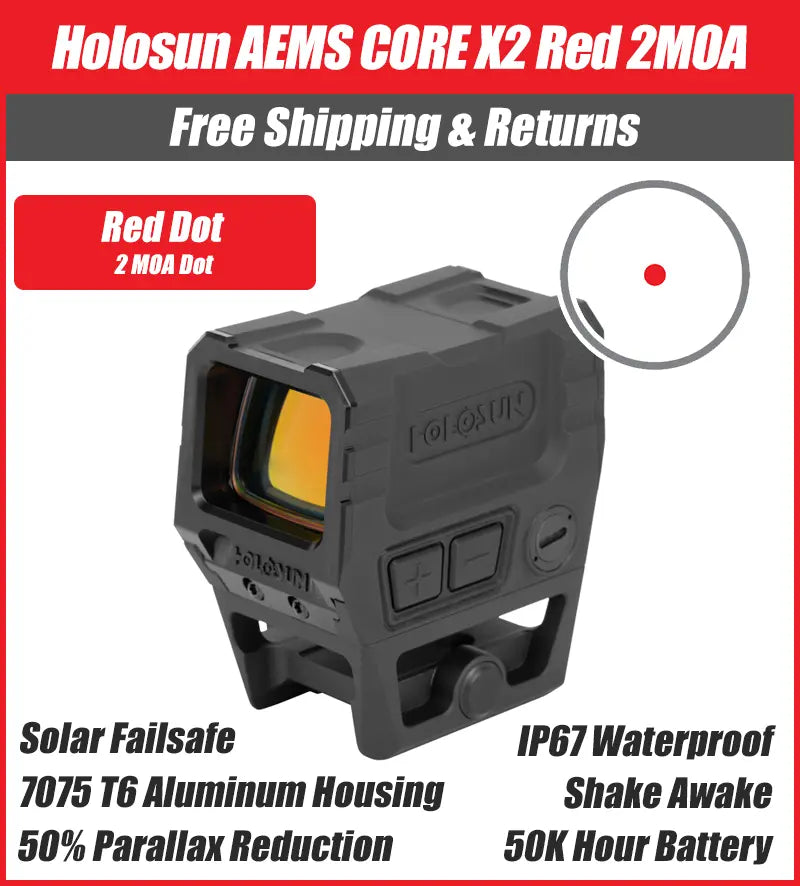Holosun AEMS CORE X2 Red 2MOA Dot Reticle, Shake Awake, Anti-Reflective Device, 1/3 Co-Witness - AEMS-CORE-X2-RD