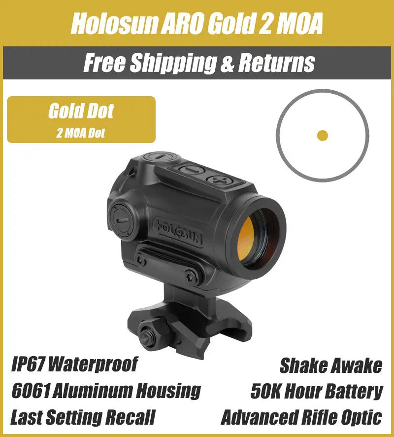 Holosun ARO Gold 2MOA Dot Only Reticle 22mm Housing, Shake Awake, 1/3 Co-Witness - ARO-GD2