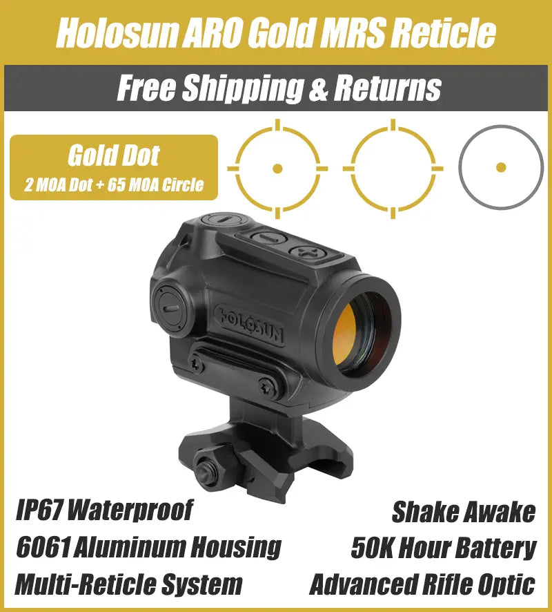 Holosun ARO Gold MRS Reticle, 65MOA Circle 2MOA Dot, 22mm Housing, Shake Awake, 1/3 Co-Witness - ARO-MRS-GD