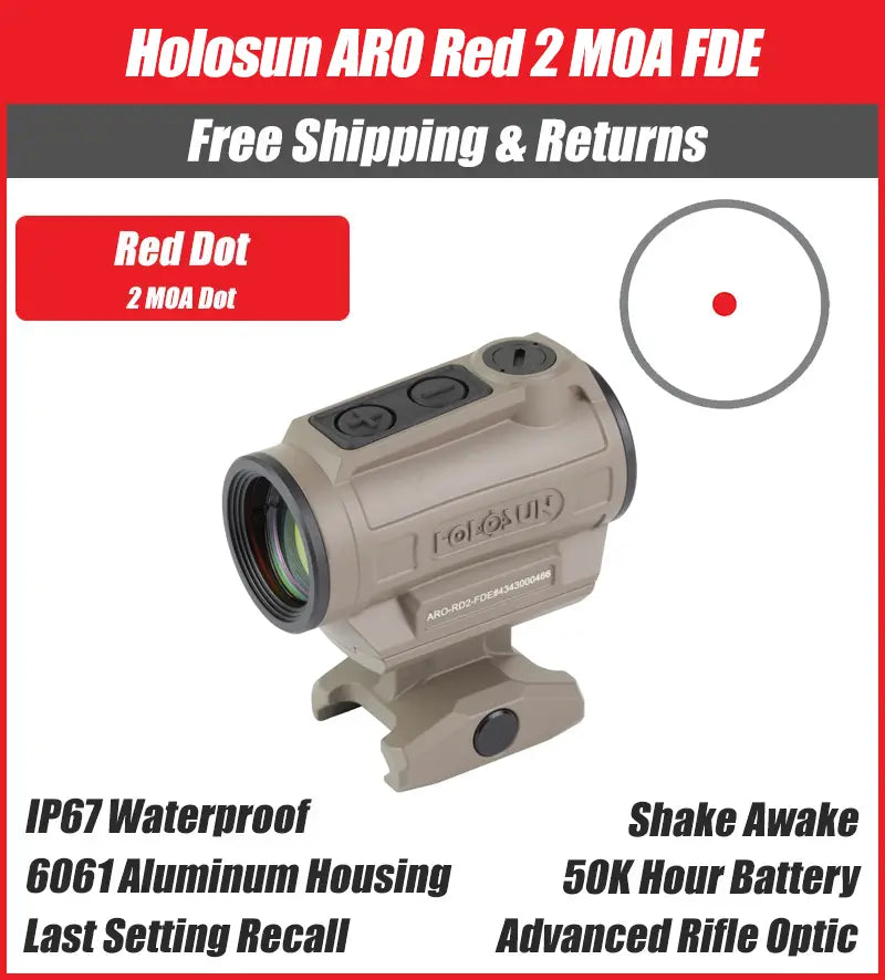 Holosun FDE ARO Red 2MOA Dot Only Reticle 22mm Housing, Shake Awake, 1/3 Co-Witness - ARO-RD2-FDE