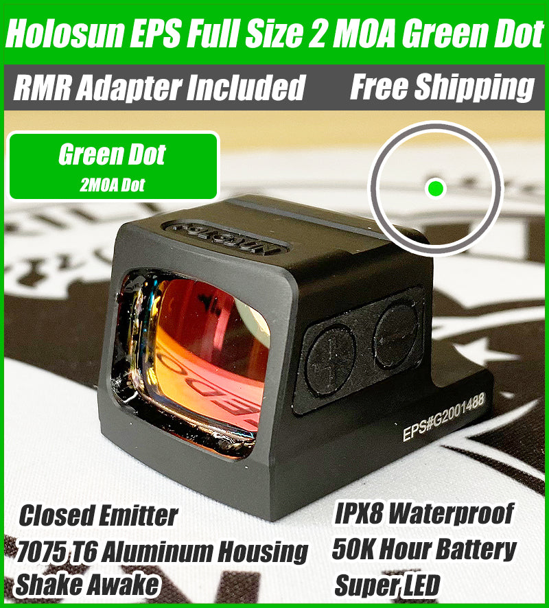 Holosun EPS Full Size, 2 MOA Green Dot, Closed Emitter Sight, K Series Footprint (Modified RMSc), RMR Adapter Plate Included - EPS-GR-2
