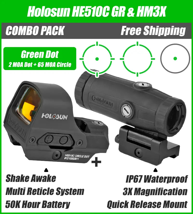 Holosun HE510C Green Dot Open Reflex Sight and HM3X Magnifier Combo Pack - 510C Green+HM3X