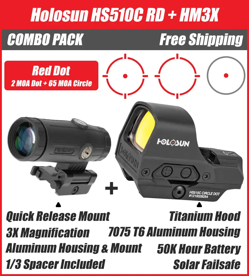 Holosun HS510C Red Dot Open Reflex Sight and HM3X Magnifier Combo Pack - 510C+HM3X