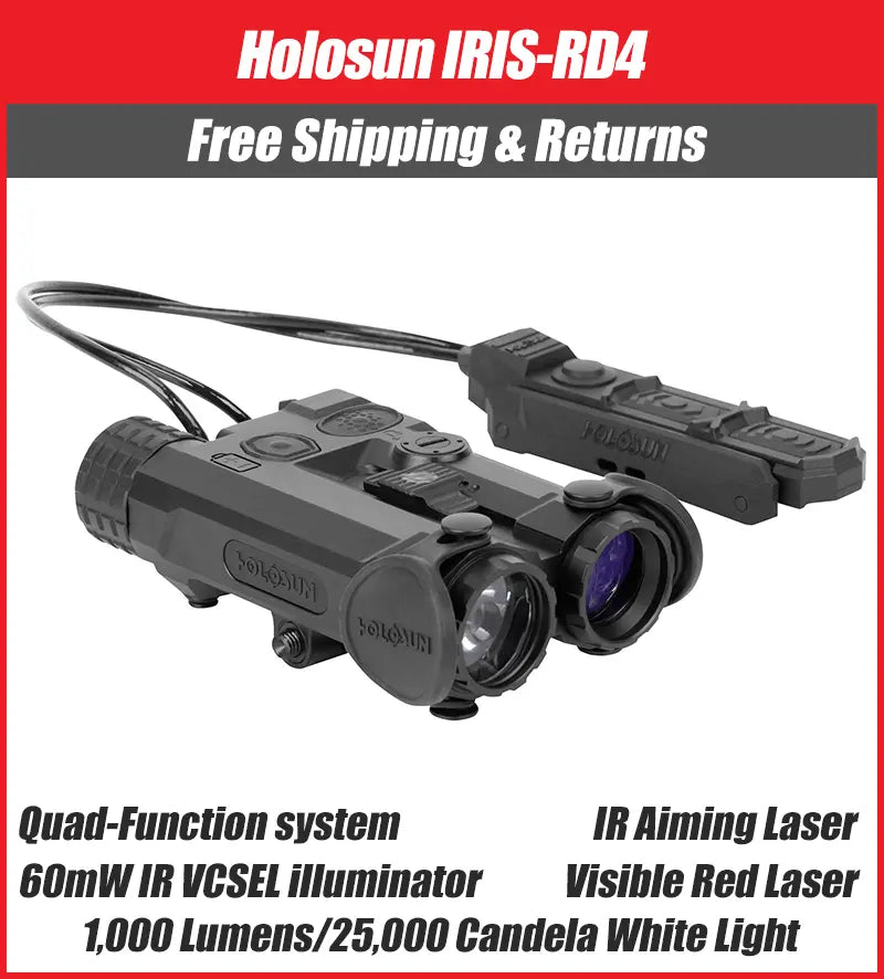 Holosun IRIS 4 Quad Function Laser & IR Illuminator – Green/Red VIS Laser, IR Laser, IR Illuminator, 1,000 Lumen White Light, Remote Switch - Fits Picatinny - IRIS-GR4, IRIS-RD4