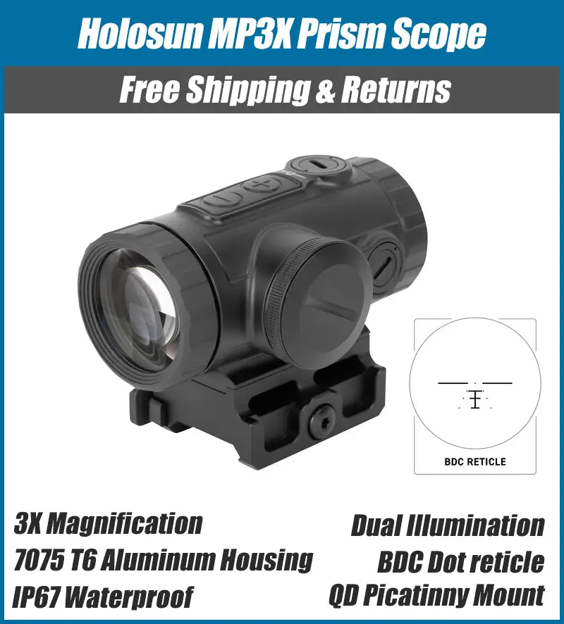 Holosun MP3X Prism Scope, 3X Magnification, BDC Reticle, Dual Red/Green Illumination, QD Mount - MP3X-BDC