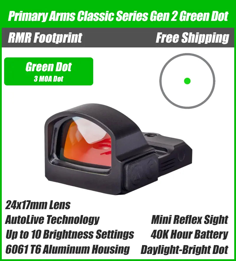 Primary Arms Classic Series Gen 2 with Autolive - 24mm Mini Reflex Sight - 3 MOA Green Dot Optic - RMR Footprint- PA-CLX-MRS-G2-G