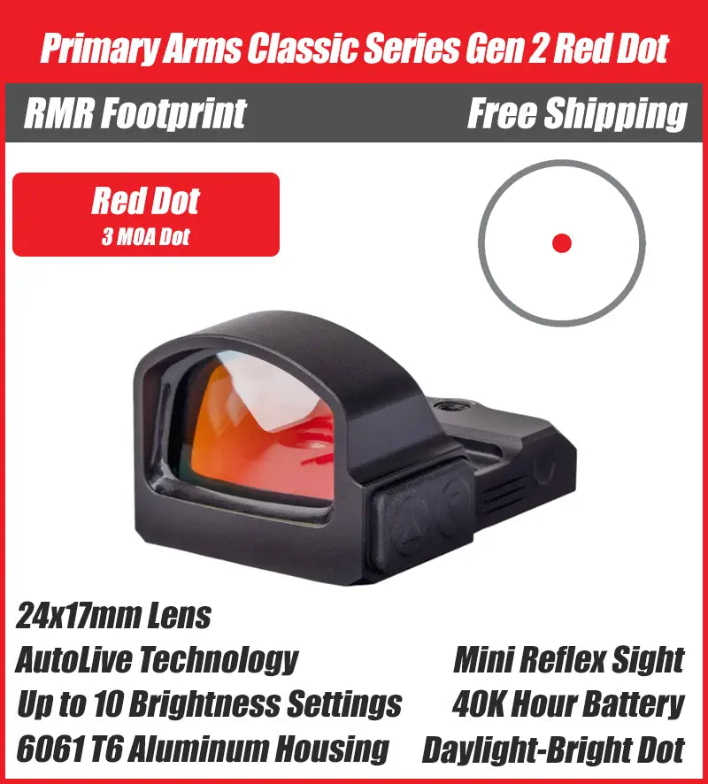 Primary Arms Classic Series Gen 2 with Autolive - 24mm Mini Reflex Sight - 3 MOA Red Dot Optic - RMR Footprint- PA-CLX-MRS-G2