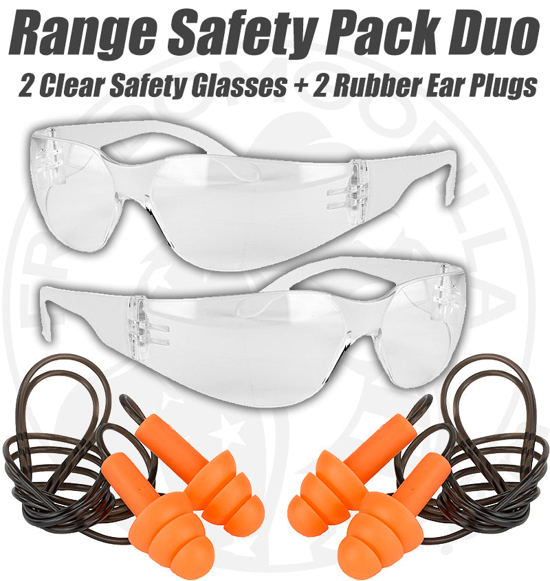 Range Safety Pack Duo - 2 Clear Safety Glasses + 2 Rubber Ear Plugs Corded