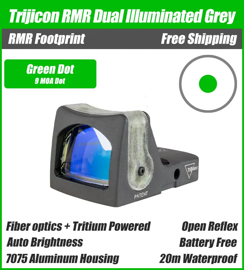 Trijicon Dual Illuminated Pistol Sight Grey - 9 MOA Green Dot - 7075 T6 Aluminum - RM05-C-700208