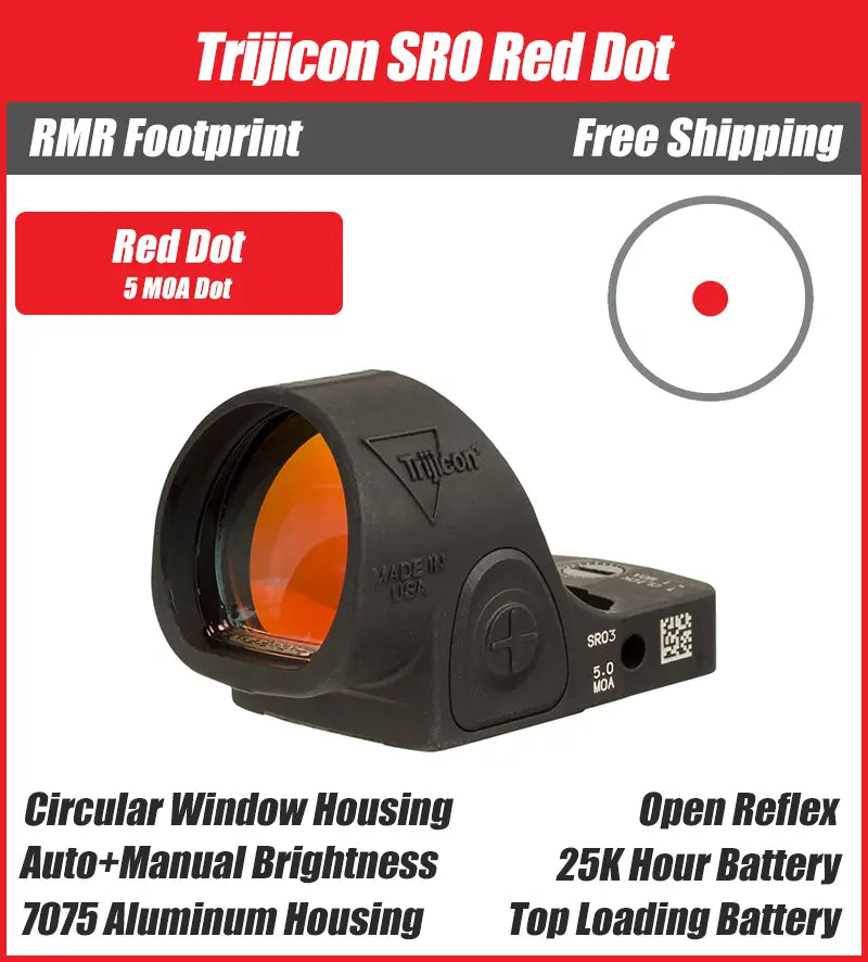Trijicon SRO Red Dot Sight - Round Window - Available in 1, 2.5, and 5 MOA Versions - 7075 T6 Aluminum - RMR Footprint