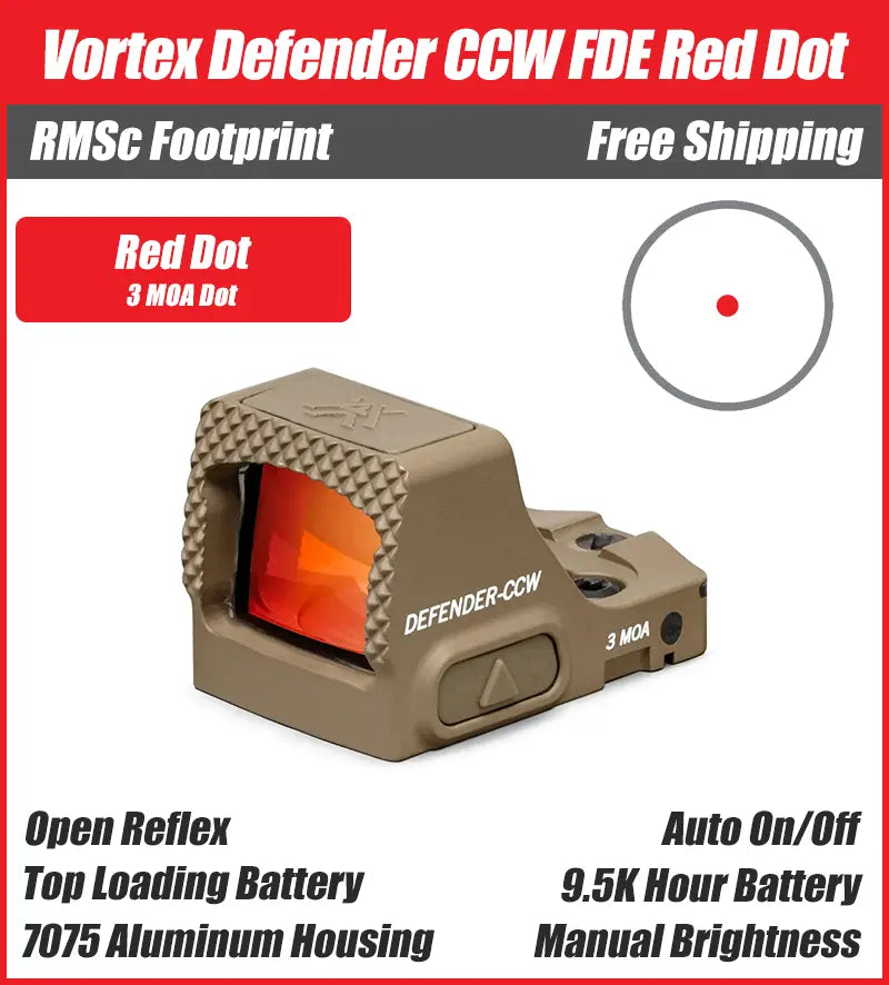Vortex Defender CCW FDE 3MOA Red Dot, RMSc Footprint, DFCCW-MRD3-T