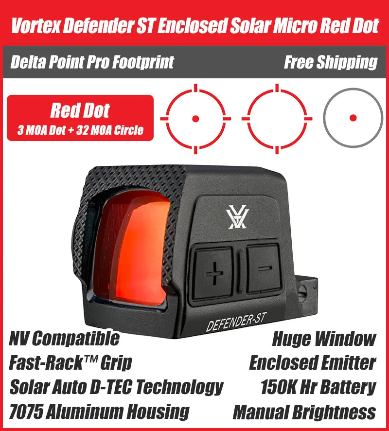 Vortex Defender ST Enclosed Solar Red Dot, DPP Footprint, 32 MOA Circle + 3 MOA Dot Reticle, DFST-MRD3-E